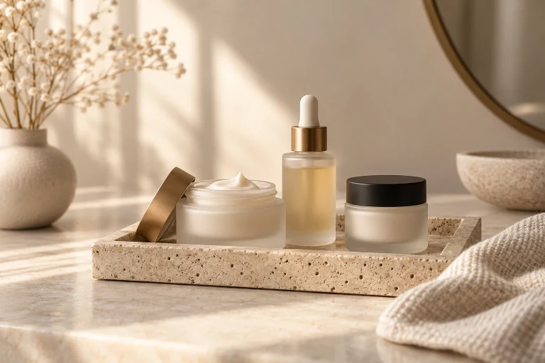 Traverten tepside krem kavanozları ve damlalıklı serum şişesi; temsili görsel