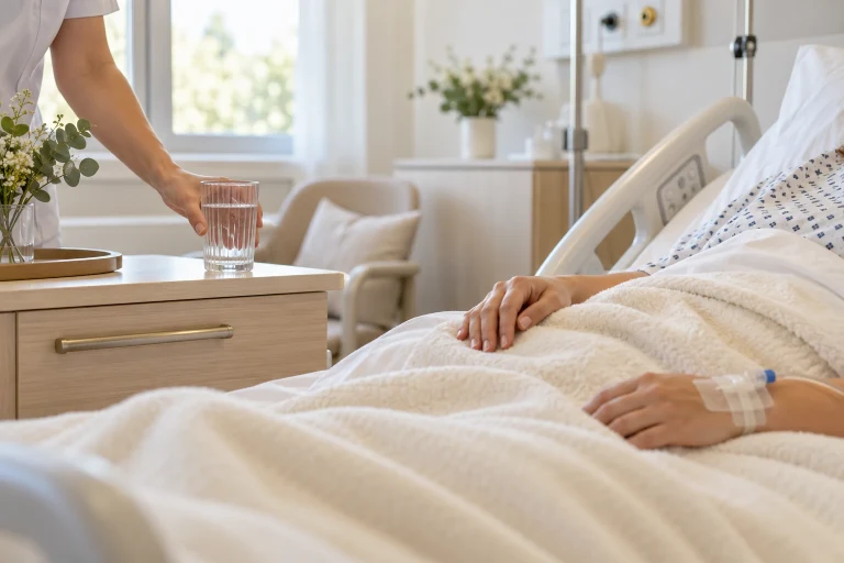 Hastane odasında yatakta dinlenen bir hastanın elleri ve komodine bir bardak su bırakan hemşire eli; temsili görsel